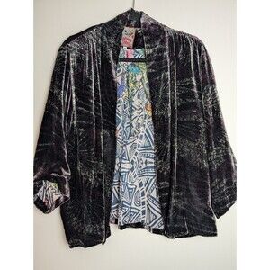 Johnny Was Silk & Crushed Velvet Burnout Tappa Open Front Jacket Size Med Boho